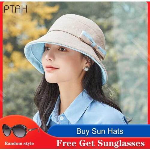 [PTAH] Fashion New Bucket Hats Womens Anti-UV Cloth Cap Foldable Windproof Rope Beach Hats Breathable Sun Protection Cap Female