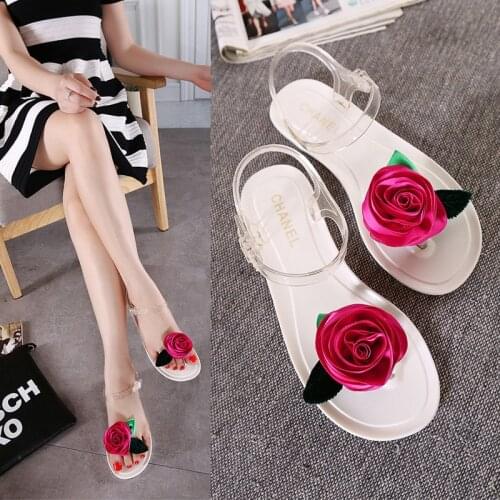 Fashion Bohemian Style Shoes Beautiful Rose Flowers Inlay Jelly Sexy Flat Sandals For Women (Size 35-40)