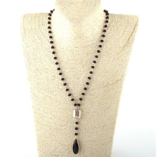 MOODPC Fashion Bohemian Jewelry 6mm Glass Rosary Chain Link Crystal Drop Pendant Necklaces For Women Necklace