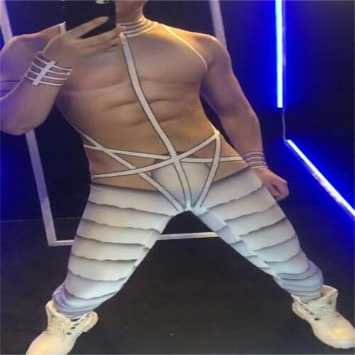 E06 Ballroom pole dance male stage costumes dj wears bodysuit muscle jumpsuit men outfits tight performance model dress printing