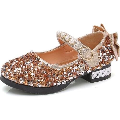 2021 New Girls Leather Shoes Rhinestone Single Shoes Princess Baby Show Kids Casual Flats Sequined Sweet Pearl for Party Chic