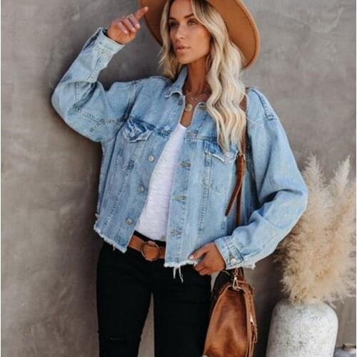 2021 Autumn New Ladies Denim Jacket Commuter Fashion Casual Loose Long-sleeved Raw Edge Short Womens Denim Clothing WP27