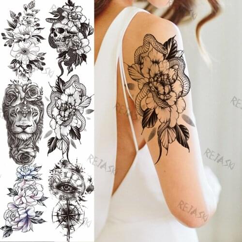 Realistic Snake Peony Temporary Tattoos For Women Girl Rose Flower Skull Fake Tattoos Sticker Lion Compass Eye Disposable Tatoos