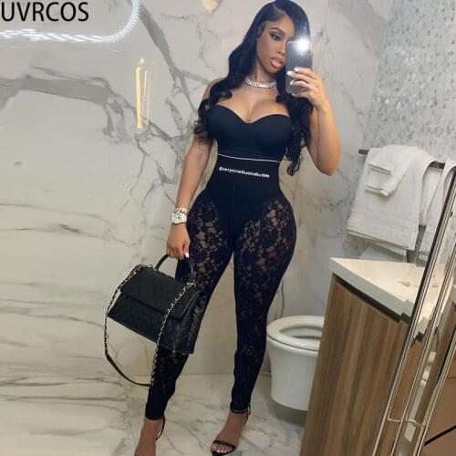 UVRCOS E Girl Clothes 90s Style Lace Patchwork Long Pants Summer Letter Print Stretch High Waist Skinny Party Clubwear Trousers