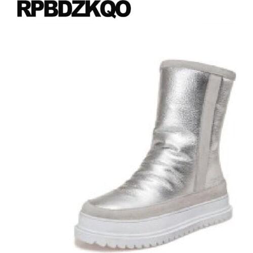 Flatform Silver Muffin Platform High Quality Real Fur Suede Shoes Winter Snow Boots Women Ankle Creepers Round Toe Australian