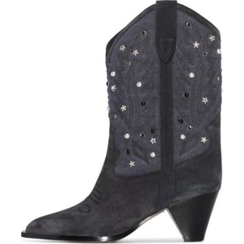 Dipsloot Hot Woman White Dark Blue Suede Pointed Toe 8 CM Spike Heels Short Boots Female Slip On Colorful Rivets Mid-calf Boots