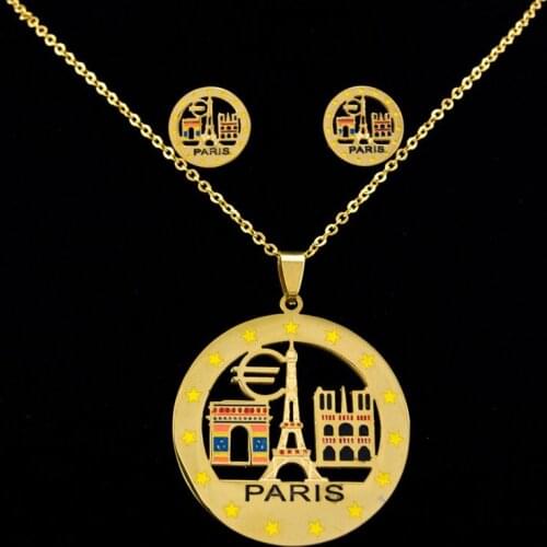 2016 fashion brand New hollow out Paris stainless steel Pendant Necklace and Earrings jewelry Sets nice for women party gift