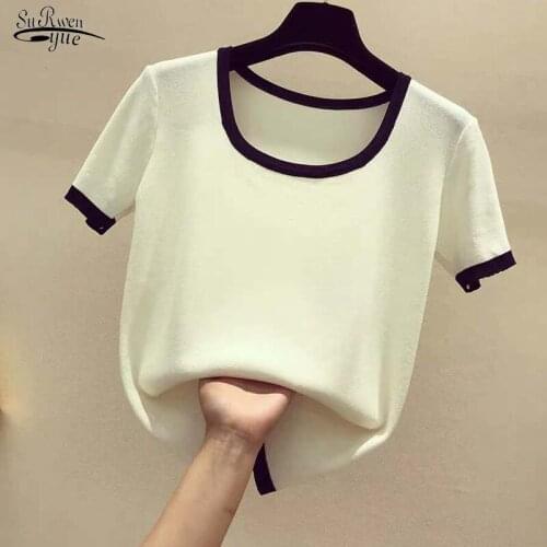 2021 Summer Elegant Women Square Collar Short Sleeve Tops Solid Cotton Knitted T-shirt Causal Vintage Shirts Ladies Tops 9593