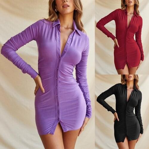 2021 New Women Dress Autumn Winter Sexy Ladies OL Long Sleeve V-neck Buttons Up Slim Short Mini Pencil Dress Party Vestidos