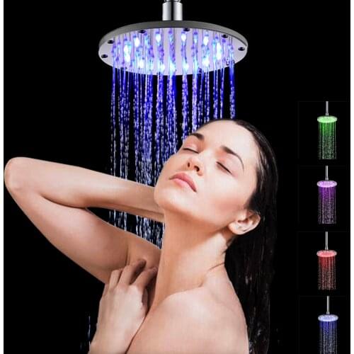 10 inch LED Rainfall Shower Head Round Shower Head Automatically RGB Color-Changing Temperature Sensor Showerhead for Bathroom