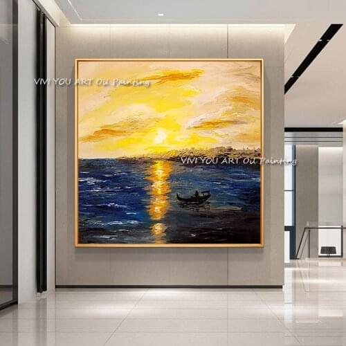 100% Handmade Sunsets Lake Landscape Oil Painting Yellow Blue Large Size Wall Art for Living Room Home Decoration (No Frame)