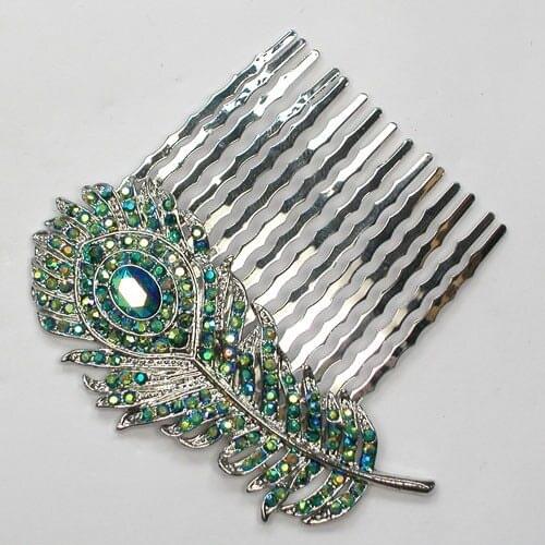 12pcs/lot Green AB Crystal Rhinestone Fashion Peacock Feathers Hair Comb L041 M
