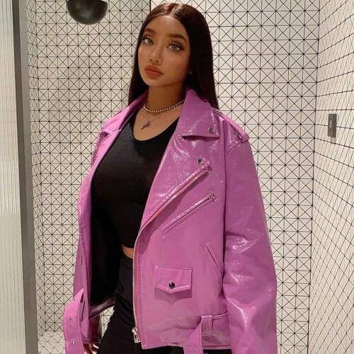 2 Color Special Embossed Bright Flour Purple Black High Quality Motorcycle Jacket Imitation Leather Jacket