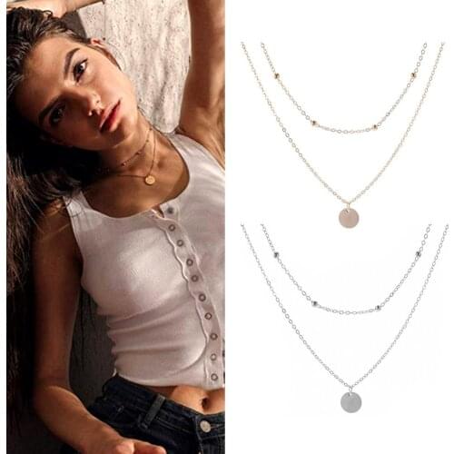Women 2-Layer Round Disc Dangle Clavicle Chain Choker Necklace Party Jewelry