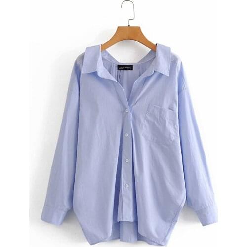 Evfer Women Casual Za Blue Loose Poplin Shirts Oversize Tops Ladies Fashion Long Sleeve Single Breasted Turn-down Collar Blouse