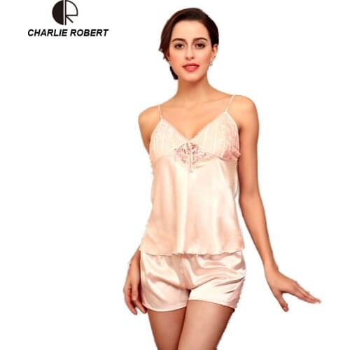 CR Silk Satin For Women Summer Set V-Neck Pajamas Satin Nightwear Women Italy Belt Lace Sexy Pajamas Suspenders Pants AP533