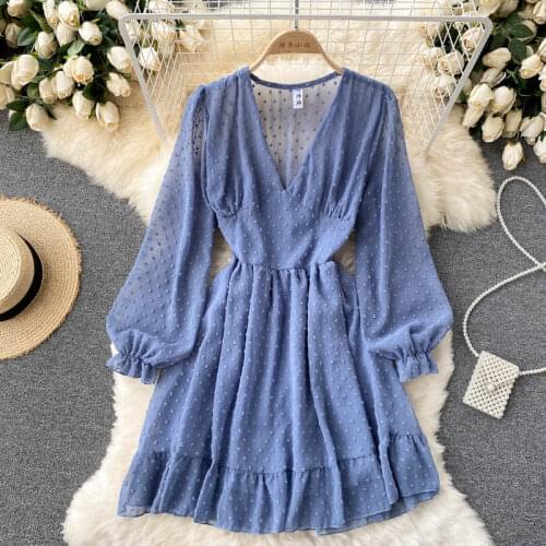 Croysier Dresses For Women 2021 Elegant Ruffle Hem Chiffon Dress Spring Fall V Neck Long Sleeve Elastic Waist Casual Mini Dress