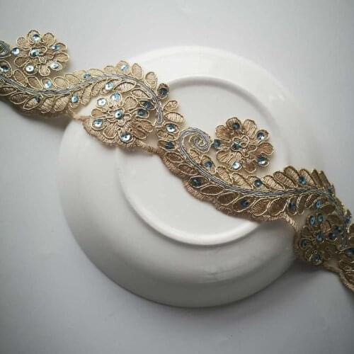 2Yards/5.5cm Gold Thread Lace Flower Applique Trim Edge Handmade diy Material Wedding Clothing Applique Flower Timimg