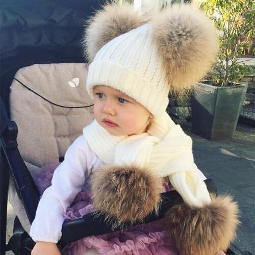 Children kids Winter Hat Scarf Set for Boys Real Raccoon Fur Pom pom Hat Scarf Set Baby Girls Warm Fleece Fur Ball Cap Scarf Set