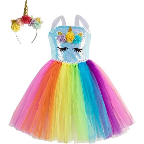 Childrens Blue Sequin Dress Skirt European And American Childrens Clothing Cartoon Cute Send Headdress Rainbow Dress Tutu Prin