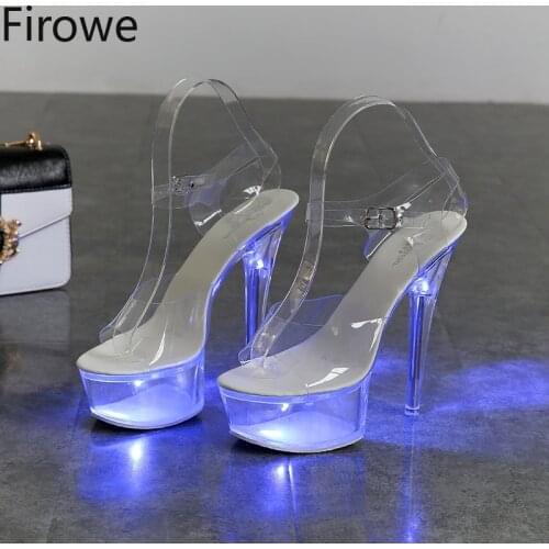 Firowe Women Clear Transparent Light High Heel Sandals Shoes Woman Luminous Sexy Sandal Stripper Pole Dance Shoes size 43 15CM