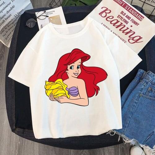 Women T Shirts Summer Short Sleeve Casual White the little Mermaid Print Harajuku T-shirts Disney Princess T Shirt Female Tops