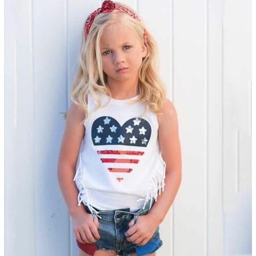 Girls Clothing Set Stars Stripe Peach Heart Top Vest Tassels Shirt+Hole Denim Short Pant American Flag Kids Clothing
