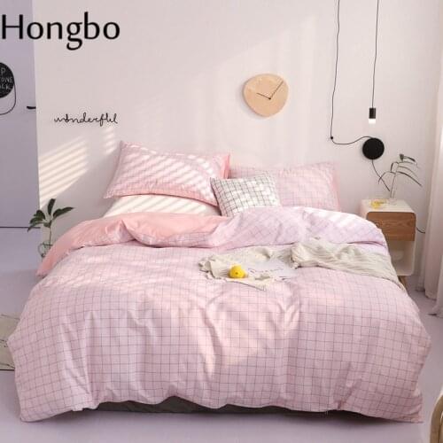 Hongbo Pink Grid Print 100% Cotton Duvet Cover Quilt Cover Fat Sheet Pillowcase Set Queen Bedding Set