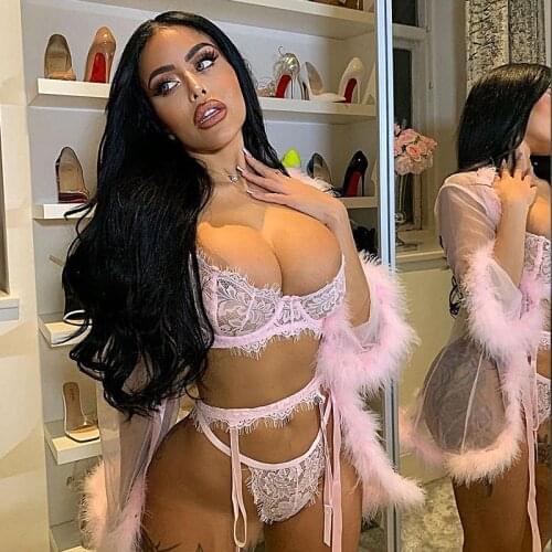 3 Pcs Women Sexy Bra UnderwearLingerie Set, See-through Eyelash Lace Bra with Spaghetti Straps + Thong + Garter Belt