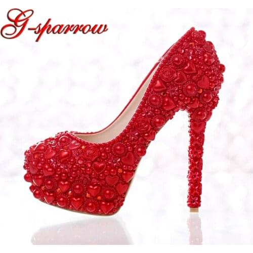 Red Pearl Wedding Shoes 2018 Newest Model Heart Shape Pearl Bride High Heels Party Prom Shoes for Mom Matching Dress Shoes