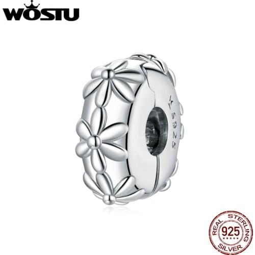Wostu Round Beads 100% 925 Sterling Silver Flower Zircon Charms Fit Original Bracelets Pendant Fine Jewelry DXC1795