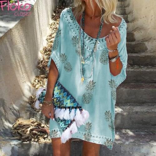Flokocloset Summer V-Neck Short Sleeve Bohemian Print Dress Casual Lace Patchwork Party Beach Sundress