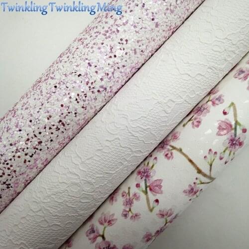 Mixed Colors Glitter Fabric, Lace Synthetic Leather, Flowers Faux Fabric Sheets For Bow A4 21x29CM Twinkling Ming XM008E