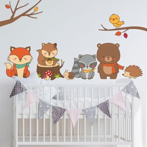 Cute Cartoon DIY Forest Animal Wall Sticker Baby Fox Bear for Kids Room Nursery Dorm Art PVC Mural Decals Home Decor
