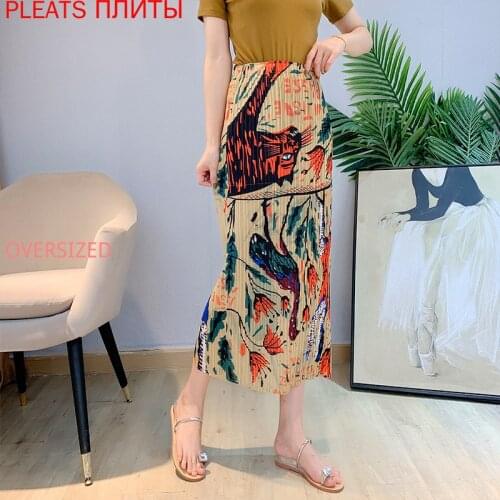 Miyake Pleated Skirt Autumn New Yellow Print Straight Skirt PLEATS Jupe Longue Femme Long Skirts Korean Fashion