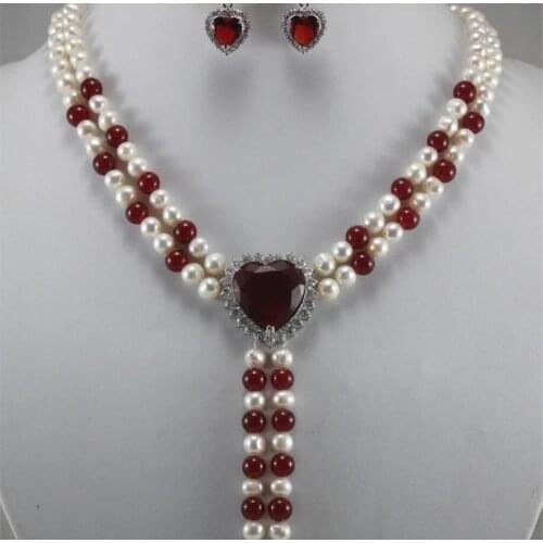 Fashion design metal silver plated 2 rows of 7-8mm white natural pearls + Ruby heart-shaped accessories Necklace + heart-shaped