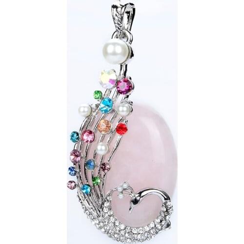 Fashion Rose Pink Quartz Onyx Lapis Tiger Eye Oval Shaped Bead Inlaid Diamante Pearl Peacock Pendant for Women Necklaces Jewelry