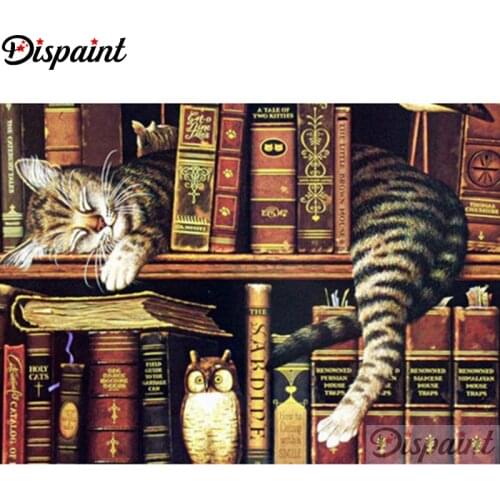 Dispaint Art 5D Diy Diamond Painting "animal Cat bookshelf" Diamond Pictures Cross Stitch 3D Rhinestone Embroidery Decor A27016