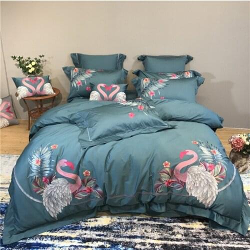 New Luxury Blue Swan 100S Egyptian cotton Embroidery Bedding sets Queen King Royal Duvet cover Bed sheet set Pillowcases 4/6pcs