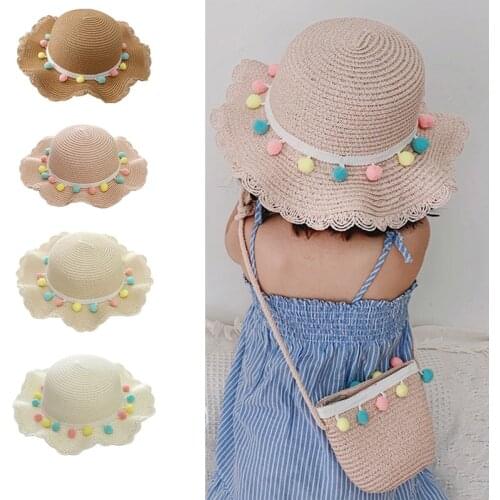 2021 Baby Summer Clothing Girl Kids Holiday Beach Bucket Breathable Cap Straw Sun Hat+ Bag 2pcs Props Gift For Children