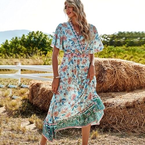 GypsyLady Floral Printed Boho Dress Green Summer Holiday Dresses for Women Flare Sleeve Elastic Waist Chic Ladies Female Dress