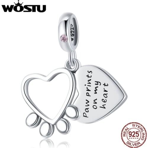 WOSTU 925 Sterling Silver Hollow Heart Cute Cat Dog Paw Footprint Pendant Charm Beads Fit Original Bracelet DIY Jewelry CTC511