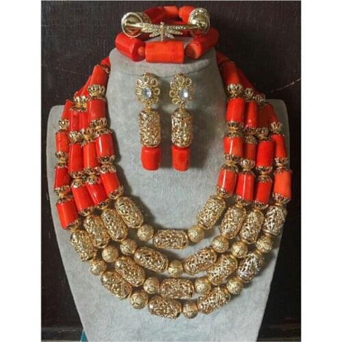 Fabulous 4 Layers Dubai New Jewelry Accessories African Coral Bridal Jewelry Set 2017 Free Shipping CNR657