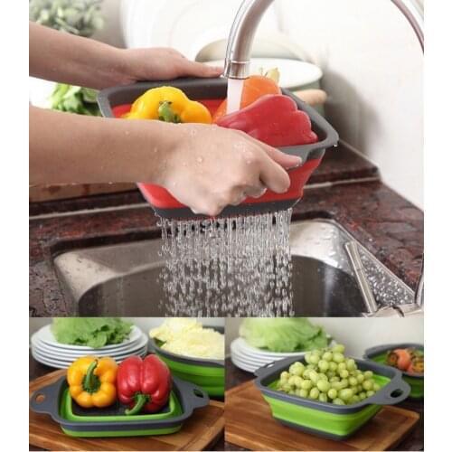 DHL 100pcs Foldable Fruit Vegetable Washing Basket Strainer Silicone Colander Collapsible Drainer With Handle Kitchen Tools