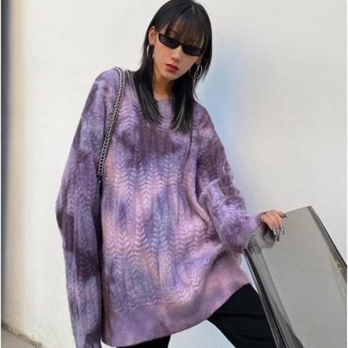 Korobov Korean O Neck Long Sleeve Oversize Sweaters Pullovers Japanese Style Streetwear Knit Sweater Vintage Purple Jumpers