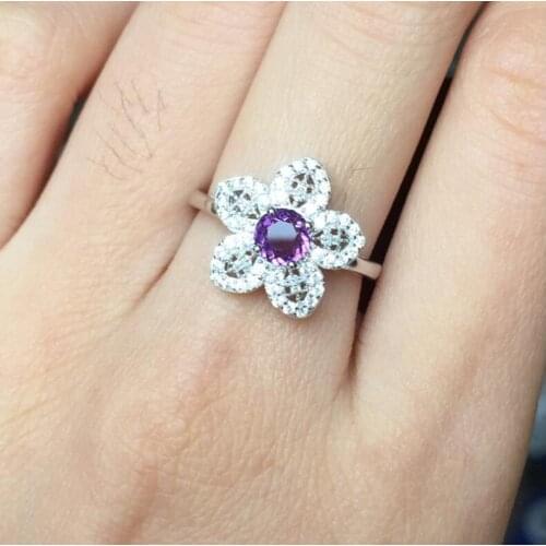 Flower Type Natural amethyst ring 925 sterling silver Free shipping Fine purple crystal jewelry For Girl rings 6mm Gem