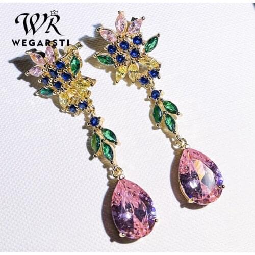 WEGARSTI Vintage Jewelry Flower Drop Earrings For Women 925 Silver Water Drop Pink Cubic Zirconia Jewelry Long Eardrop