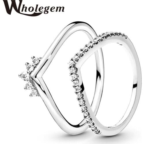 WHOLEGEM Fashion Princess Tiara Crown Wishbone Rings Set Sparkling Zircon Bridal Wedding Band Engagement Gifts Women Jewelry