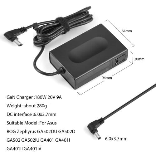 180W GaN Charger 20V 9A Portable AC adapter For ASUS ROG Zephyrus GA502DU GA502 Gaming Laptops 6.0x3.7mm Tip Foldable Plug