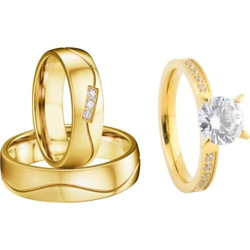 Ladies 3pcs Big Stone 1 carat cz diamonds proposal wedding engagement rings sets for men and women gold filled titanium ring